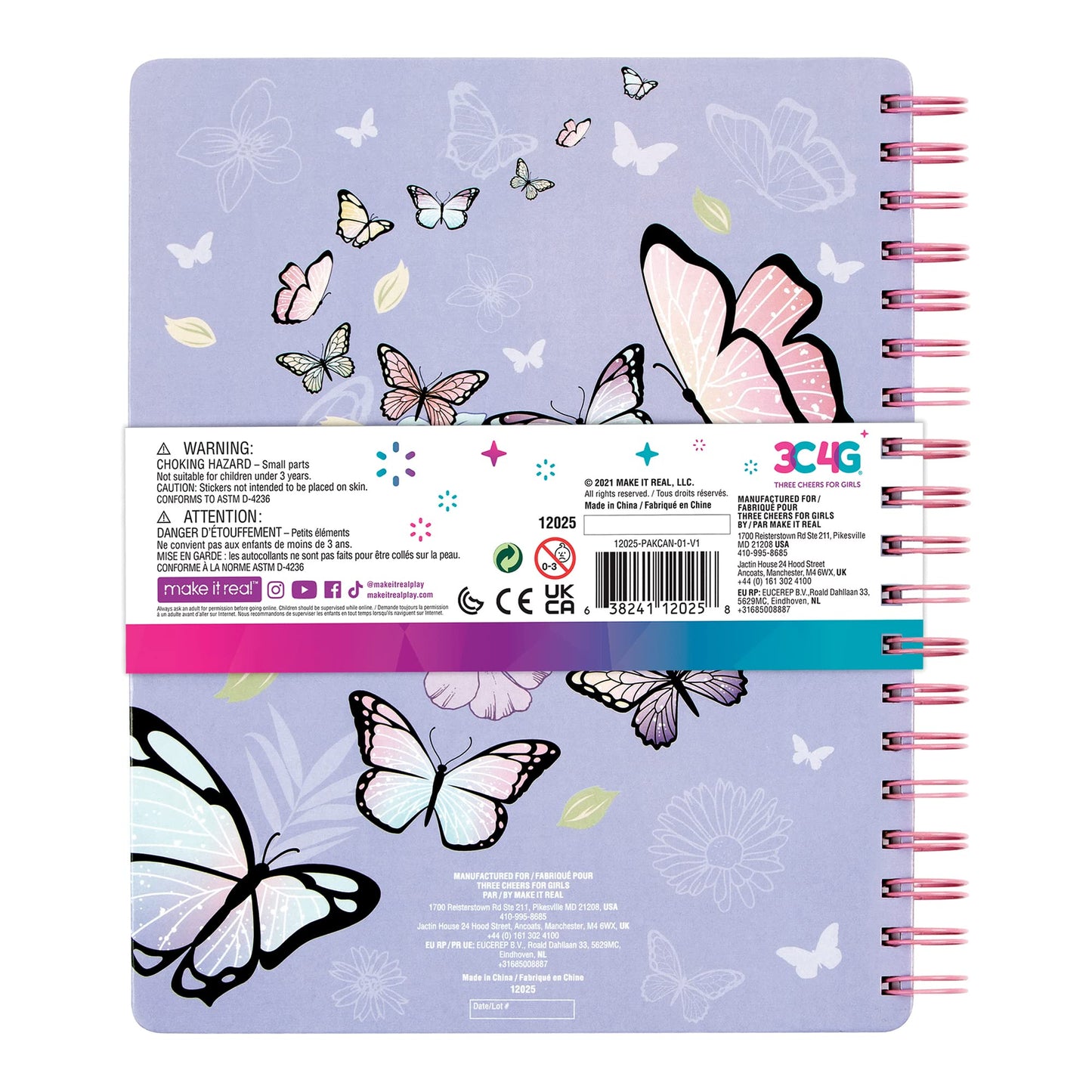 Three Cheers For Girls - Butterfly All-In-1 Sketchbook Set - Girls Diary, Journal, Sketch Book For Kids W/ Pencils, Stickers & More - Drawing Kit For Kids - Unlined Diary For Girls - Kids Sketch Pad