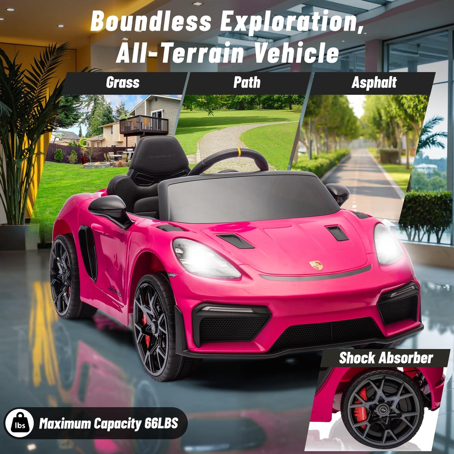 12V Ride On Car Licensed Porsche 718, Kids Electric Car With Remote Control, Front/Rear Led Light, Radio, Usb/Aux, Openable Door