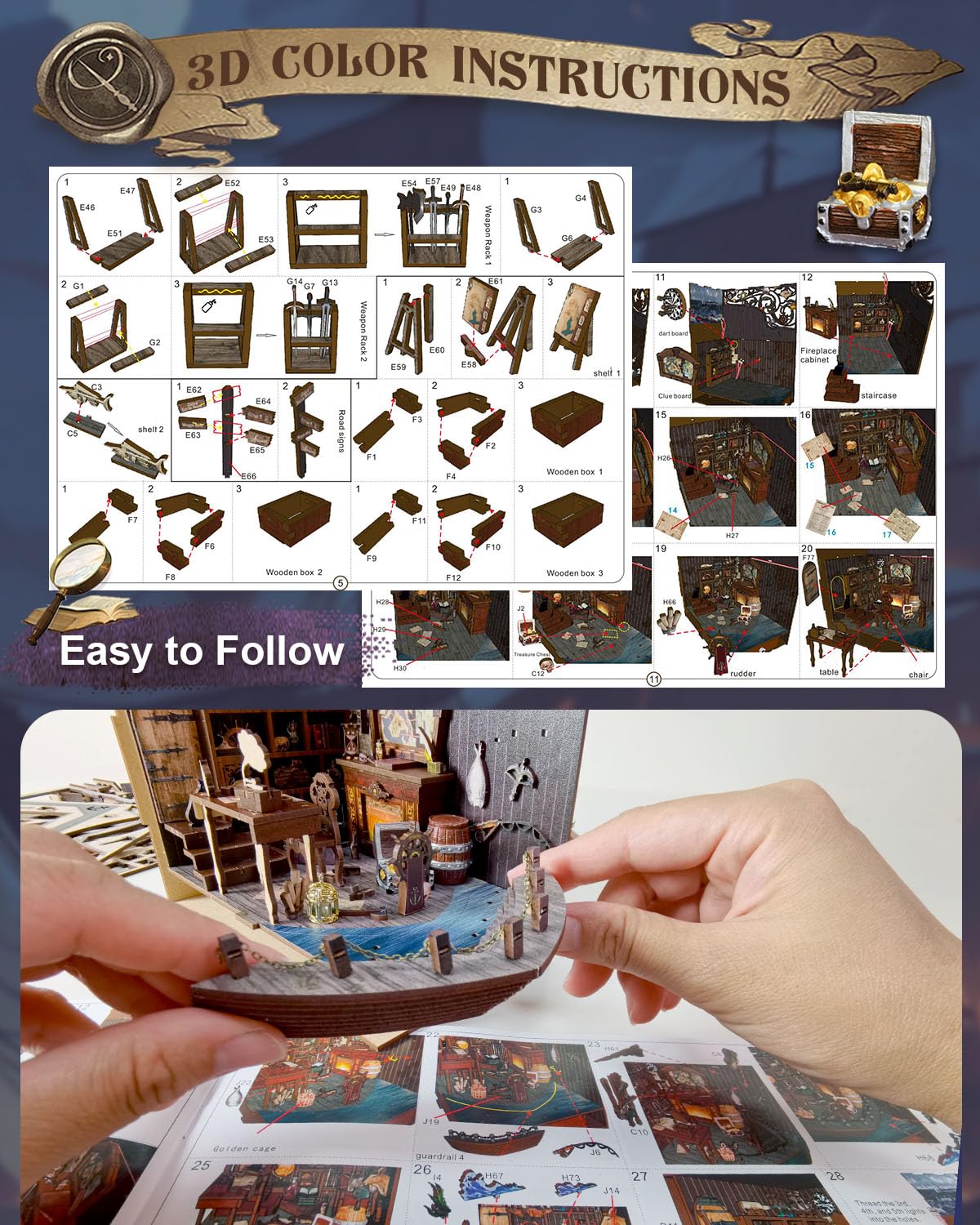 OurMiao Book Nook Kit Pirate Ship Aden, DIY Miniature Book Nook Kits for Adults, 3D Wooden Puzzle Bookshelf Insert Decor with Se