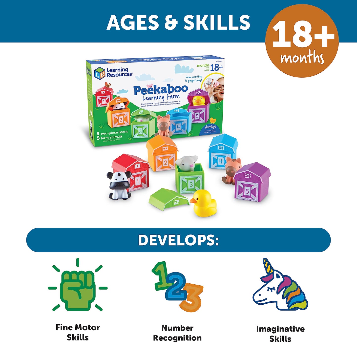 Learning Resources Peekaboo Learning Farm - 10-Piece Toddler Toy Set, Counting & Sorting, Plastic, 6.2x10.4x2.7 inches, Multi, Model L