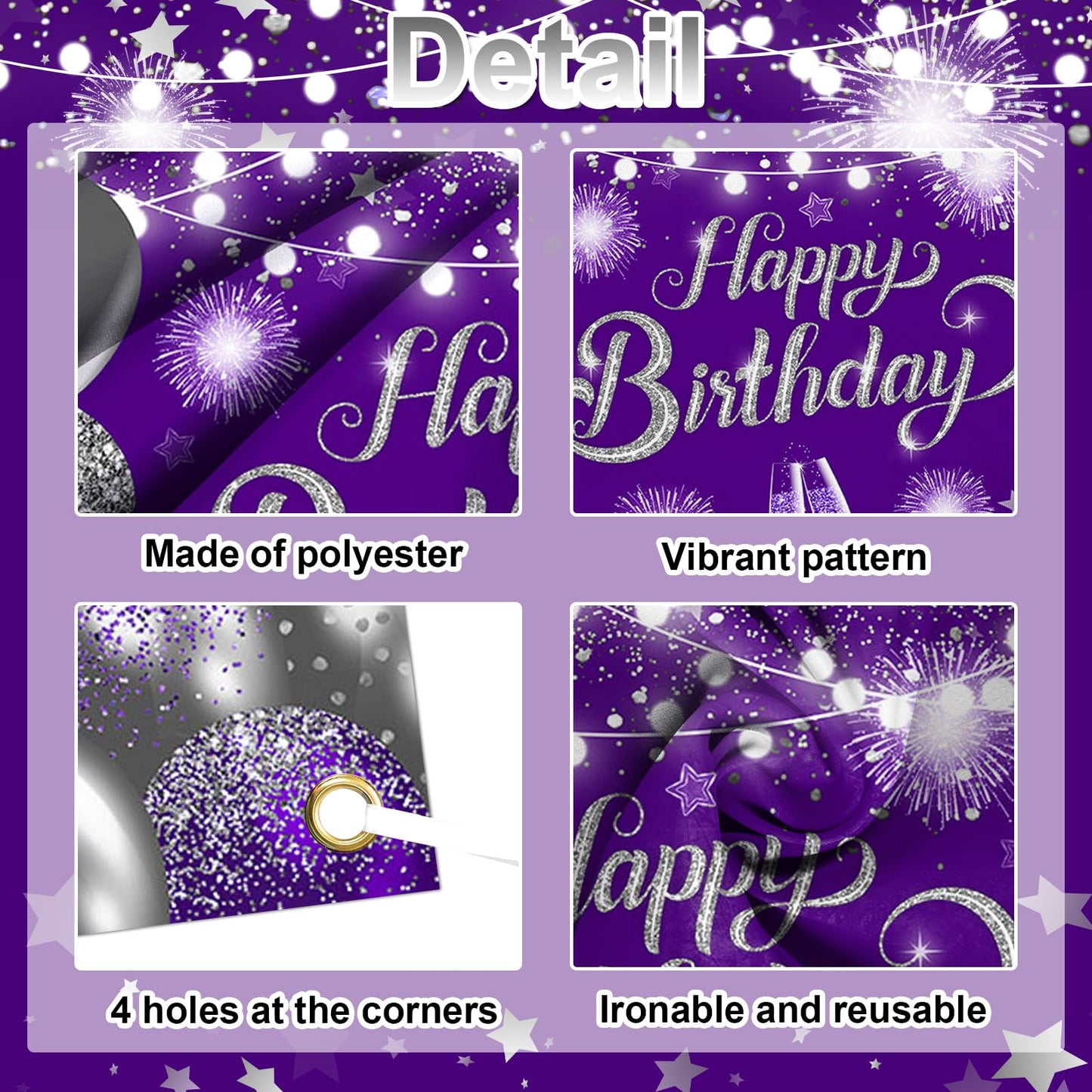 Lecheme Purple Silver Happy Birthday Backdrop 6x3.6 ft Purple Banner for Silver Birthday Party Decorations Photo Booth Props
