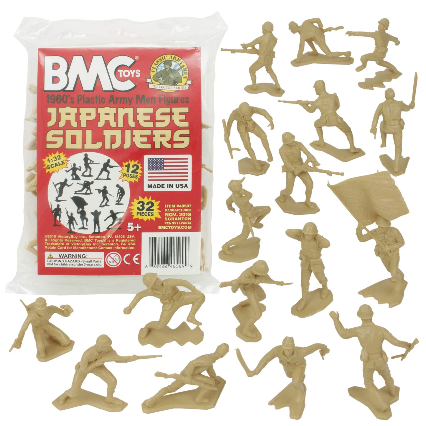 BMC Toys Classic Marx 32pc WW2 Soldier Figures - Tan Plastic Army Men, 2.1 Inch, Made in USA, Model BMC-48589