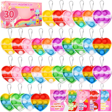Weceit 30Pack Valentines Cards For Kids Classroom With Heart Pop Bubble Fidget Keychain Toys, Bulk Prizes Toys For Valentines Day Party Favors School Classroom Exchange Gifts Pack For Kids