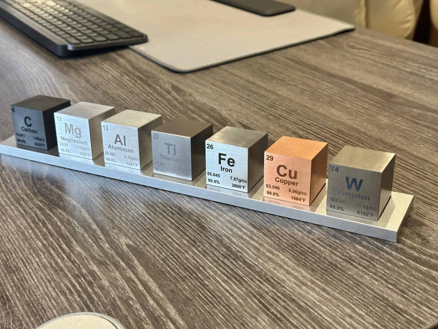 Heavenly Metals 1.5" Element Cube Set - 7 Pure Metal Density Cubes with Engraved Atomic Data - Science Specimens + Display Stand