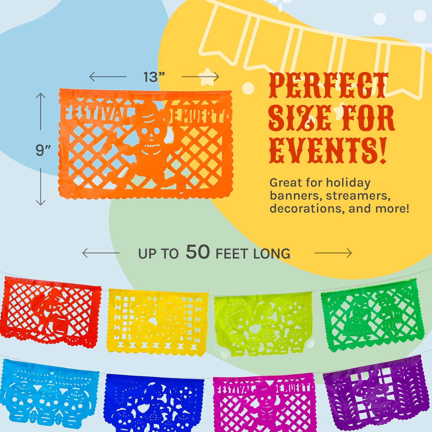 Day of The Dead Mexican Party Decorations - Dia de Los Muertos Papel Picado Tissue Paper Banner Set (12.5 Ft x 4, 50 Ft Total) H