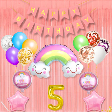 5Th Rainbow Theme Happy Birthday Banner Decoration Light Pink For 5 Year Baby Boys Girls Kids 5 Pc Rainbow 10 Pc Multicolor Ball