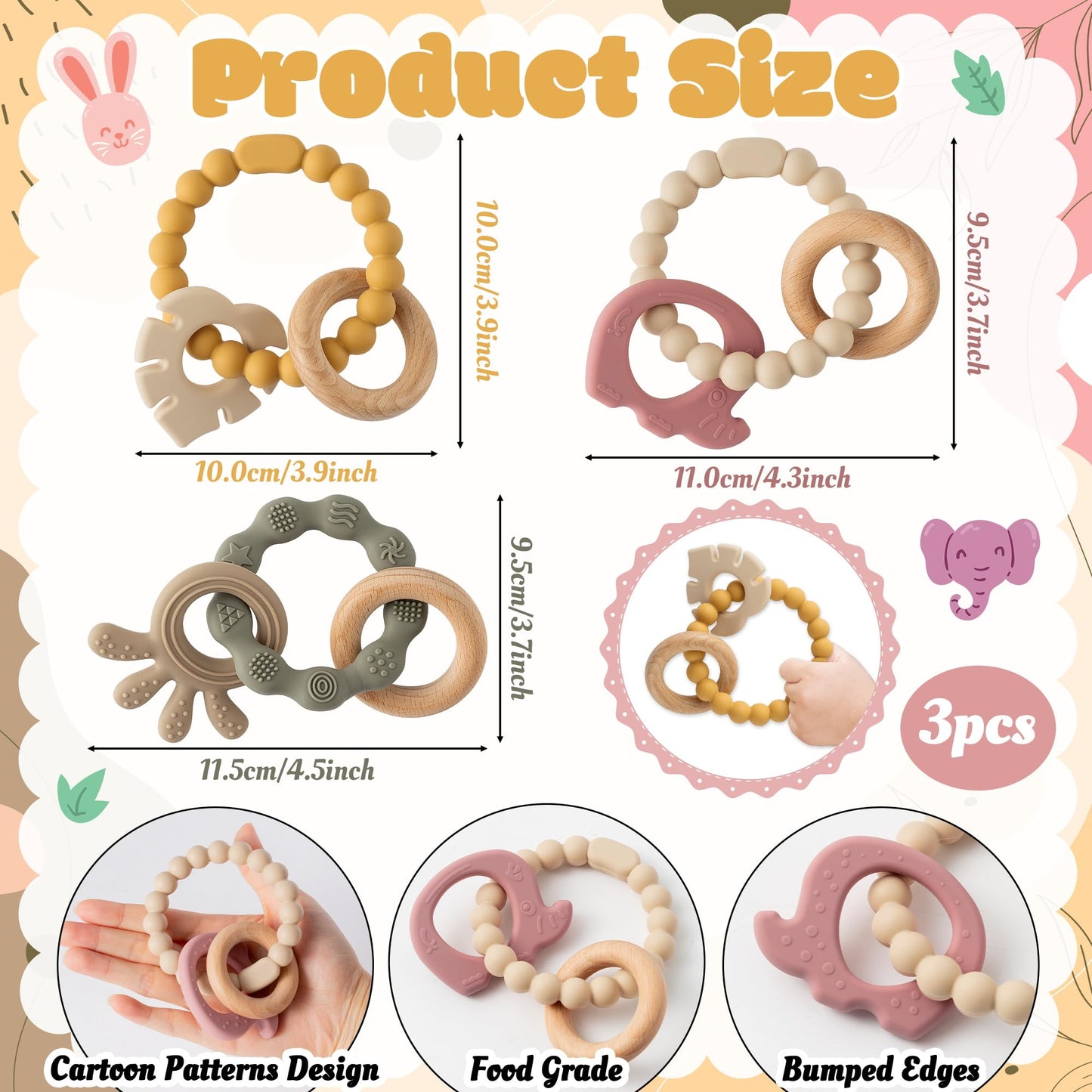 Silicone Teether Toys for Babies - 2ooya 3Pcs Animals Themed Teething Ring, Elephant Baby Sensory Chew Toys with Rattles for New