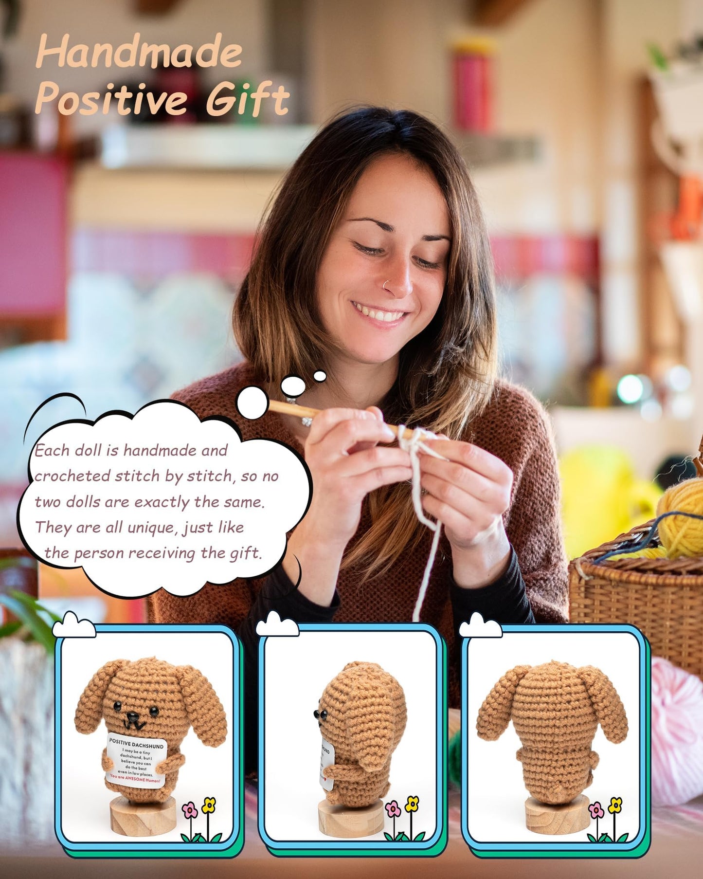 Haliafancy Positive Crochet Animals Dachshund Gifts, Emotional Support Crochet Doll For Weiner Dog Lovers, Already Made Handmade