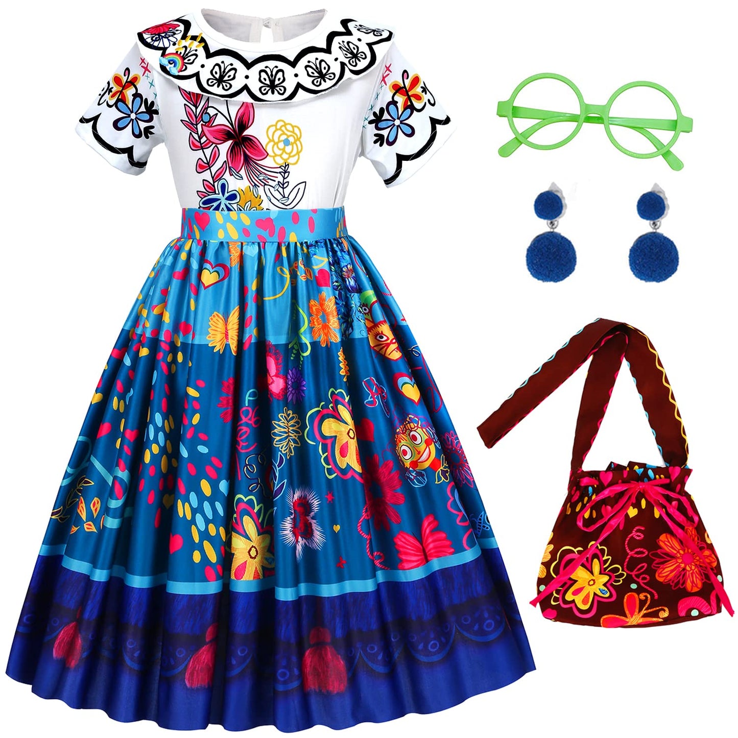 Foierp Mirabel Dress For Kids Encanto Costume For Toddler Birthday Party Cosplay Dress Up Clothes With Bag Glasses Earrings