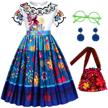 Foierp Mirabel Dress For Kids Encanto Costume For Toddler Birthday Party Cosplay Dress Up Clothes With Bag Glasses Earrings