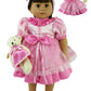 American Fashion World Pink Flower Dress 3 Piece Set for 18-Inch Dolls | Bear and Headband Included | enhanced Quality & Trendy Design | Dolls Clothes | Outfit Fashions for Dolls for Popular Brands