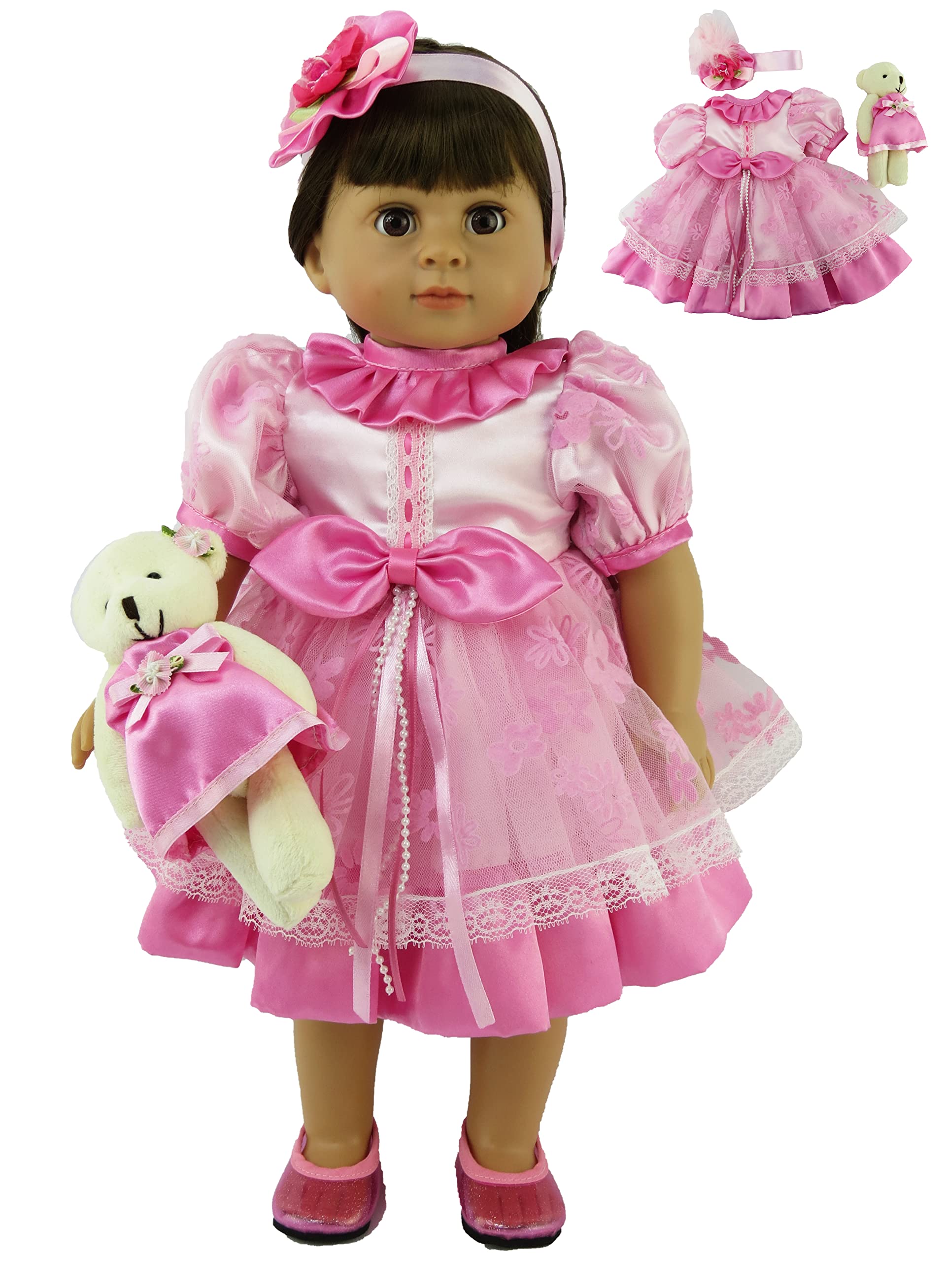 American Fashion World Pink Flower Dress 3 Piece Set for 18-Inch Dolls | Bear and Headband Included | enhanced Quality & Trendy Design | Dolls Clothes | Outfit Fashions for Dolls for Popular Brands