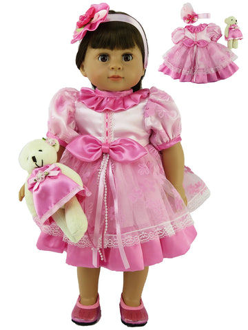 American Fashion World Pink Flower Dress 3 Piece Set for 18-Inch Dolls | Bear and Headband Included | enhanced Quality & Trendy Design | Dolls Clothes | Outfit Fashions for Dolls for Popular Brands