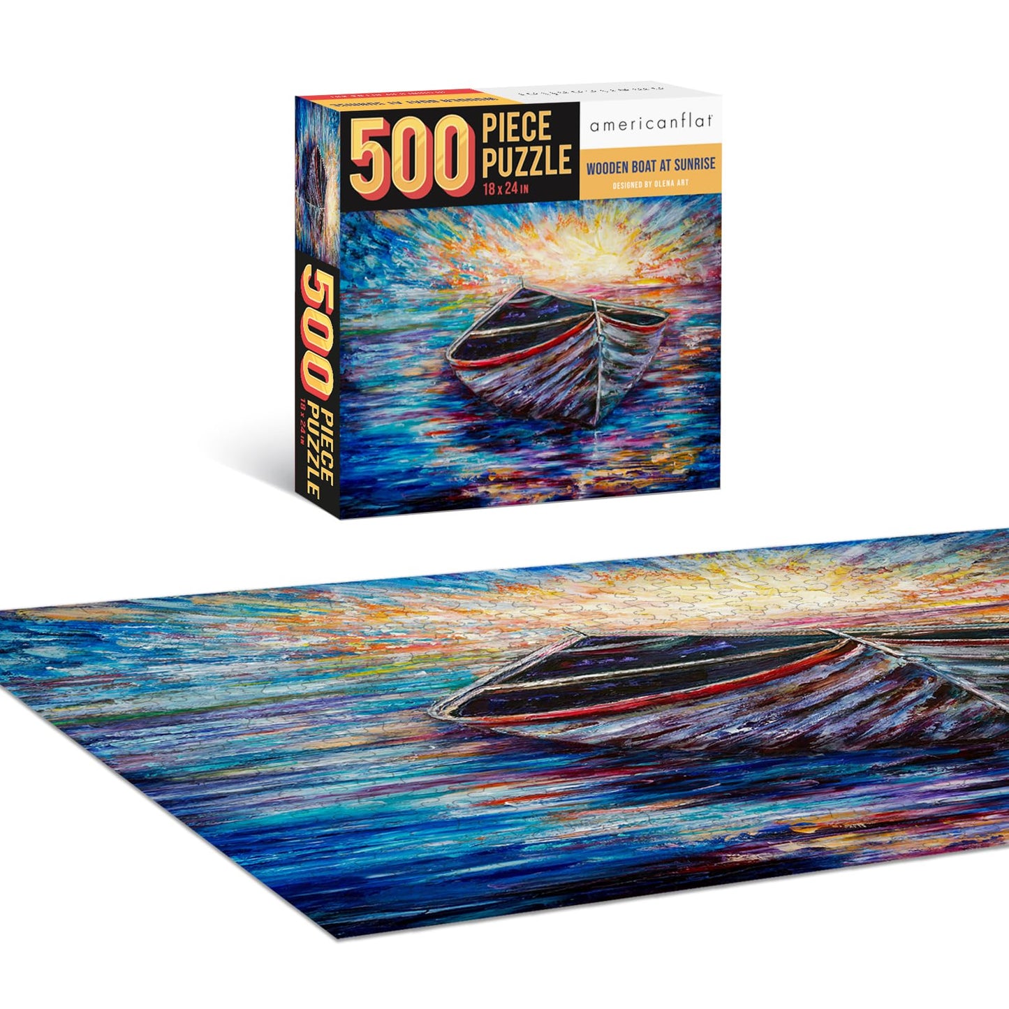 Americanflat 500 Piece Boat Puzzle, 18X24 Inches, Wooden Boat At Sunrise By Olena Art