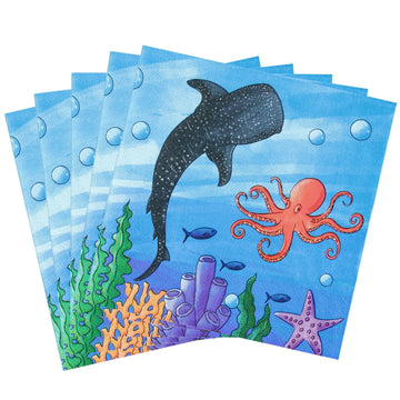 Wernnsai Ocean Party Decorations - 50 Pack Baby Shark Napkins Blue Shark Birthday Party Decorations 3-Ply Ocean Paper Napkins For Kids Boys Baby Shower Underwater Party 6.5 X 6.5 Inches