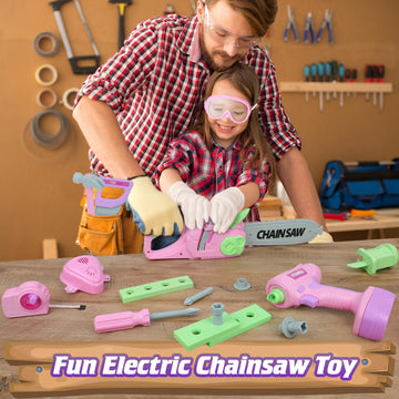 WishaLife Kids Tool Set for Girls - Toddler Tool Set with Toy Chainsaw, Drill, Pretend Play Construction Tools Toy Gift for Kids