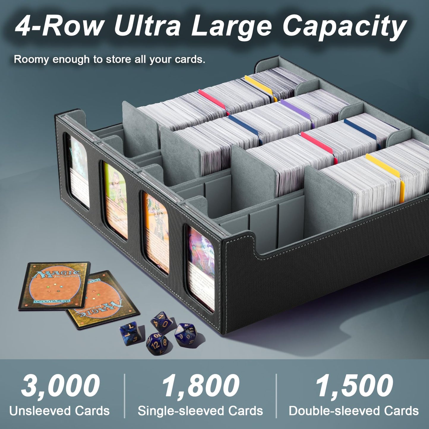 TiMOVO MTG Deck Box  Magnetic Trading Card Storage Case Holds 3000+ Sleeveless Cards with 20 Colorful Dividers & 4Pcs Card Supporters  4 Rows Commander Card Deck Box for Magic Game Cards  Black + Grey