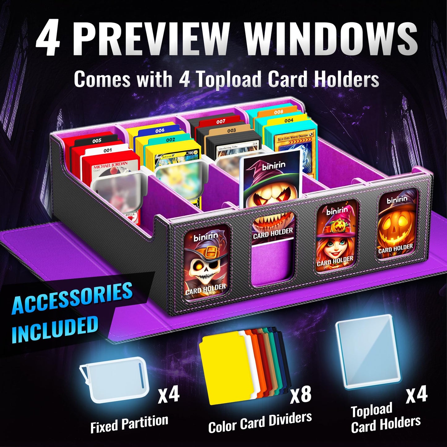 Binirin Tcg Storage Box For Commander Display, 3000+ Mtg Deck Case With 4 Toploaders & Supporters, Pu Leather Organizer Compatib