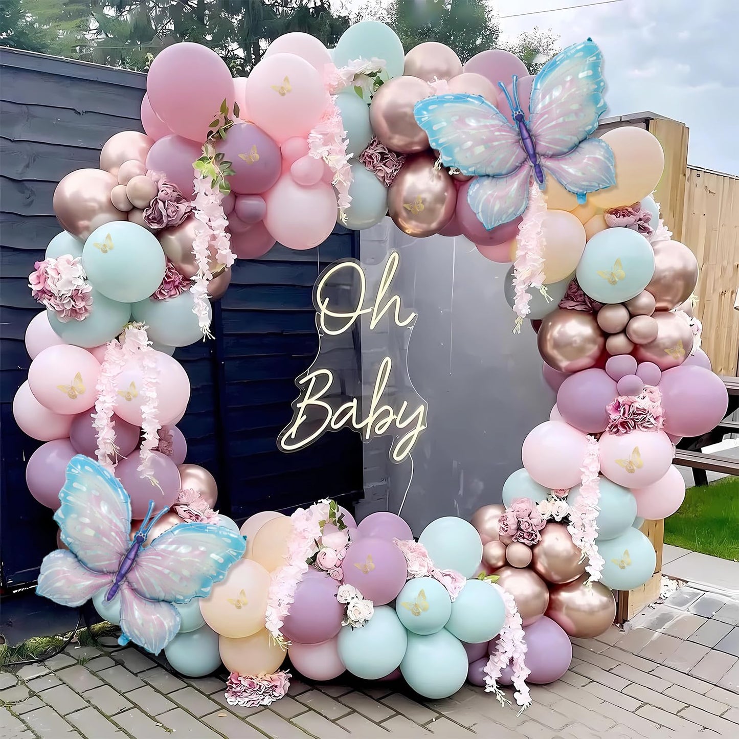 LULUMIKA Butterfly Balloon Arch Kit - 142pcs Pastel Pink/Purple/Blue, Rubber, Large Butterfly Foil for Baby Showers & Birthday Parties
