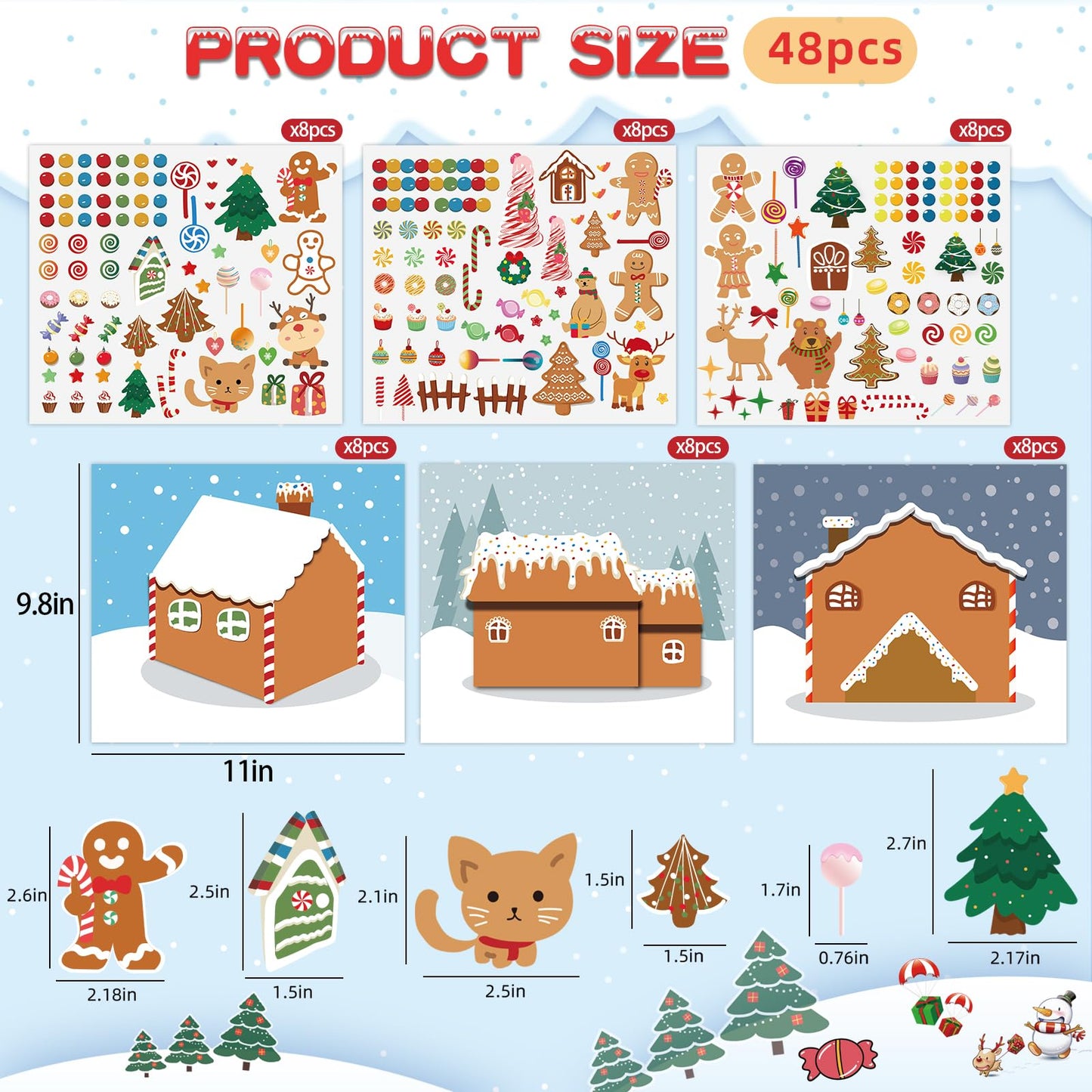 VABAMNA Christmas Party Favors for Kids - 48 Sheets Make a Gingerbread House DIY Craft Stickers Scenes for Xmas Tree Holiday Act