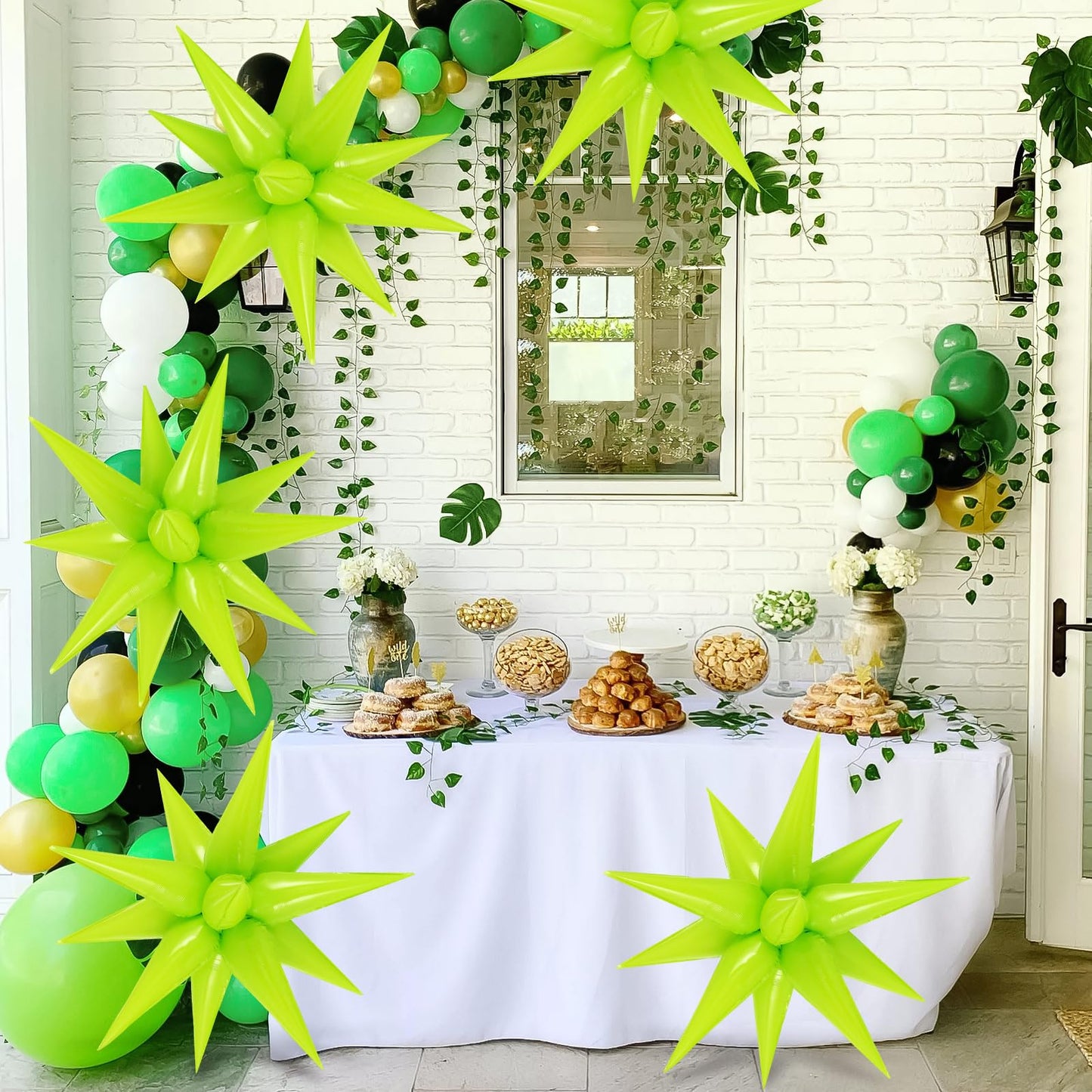 60 Pcs Fruit Green Star Balloons Foil Starburst Balloons Explosion 12 Point Cone Balloons Large For Wedding Anniversary Backdrop