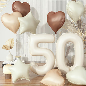 50Th Birthday Balloons Decor, Helium Beige Cream Neutral 50 Balloon, Brown Tan White Sand Taupe Heart Balloon With Foil Nude Sta