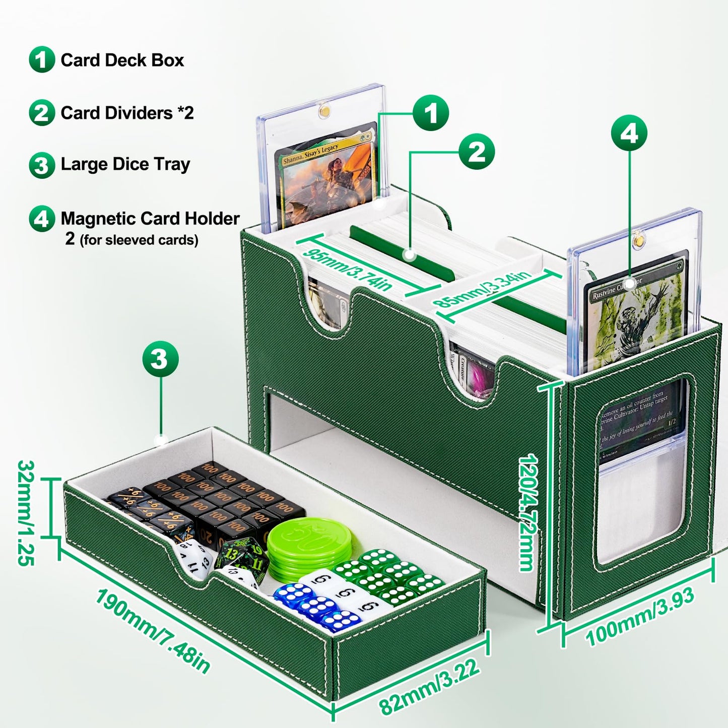 UAONO Card Deck Box for MTG, Double Card Storage Box with 2 Commander Display & 1 Dice Tray, Fits 200+ Double Sleeved Cards, Org