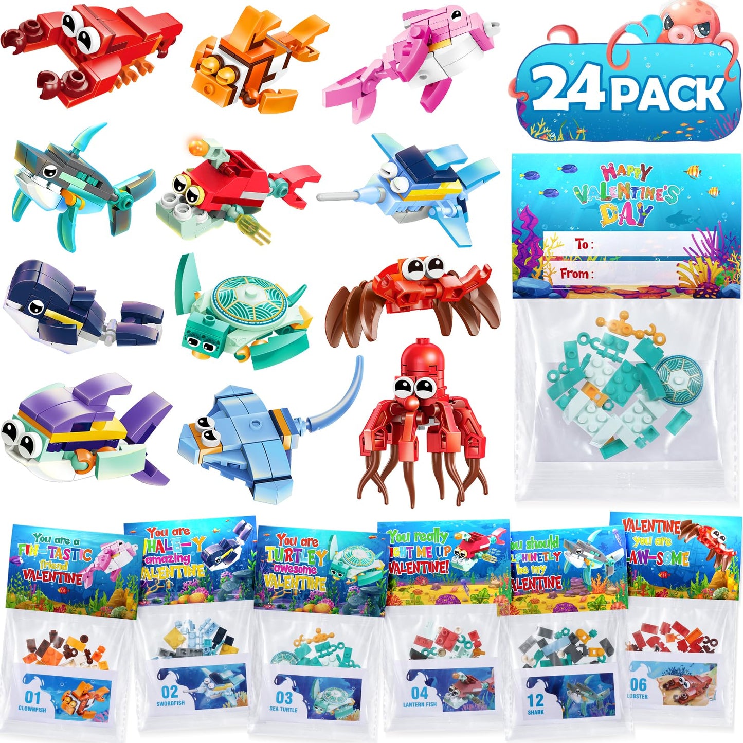 Asoulin Valentines Day Gifts For Kids, 24 Pack Sea Animal Building Block Set With Valentines Day Cards For Kids Classroom School