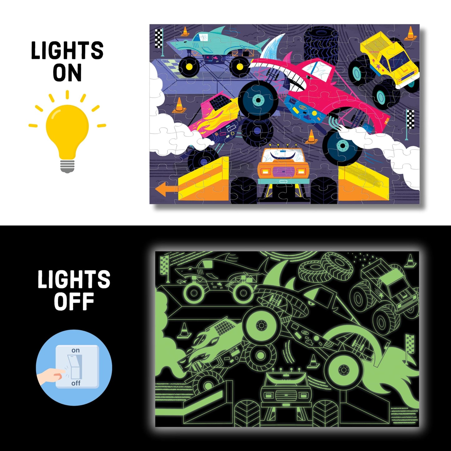 Mudpuppy Monster Trucks - 100 Piece Glow In The Dark Puzzle With Colorful Scene Of Cars And Trucks And Hidden Puzzle Details In