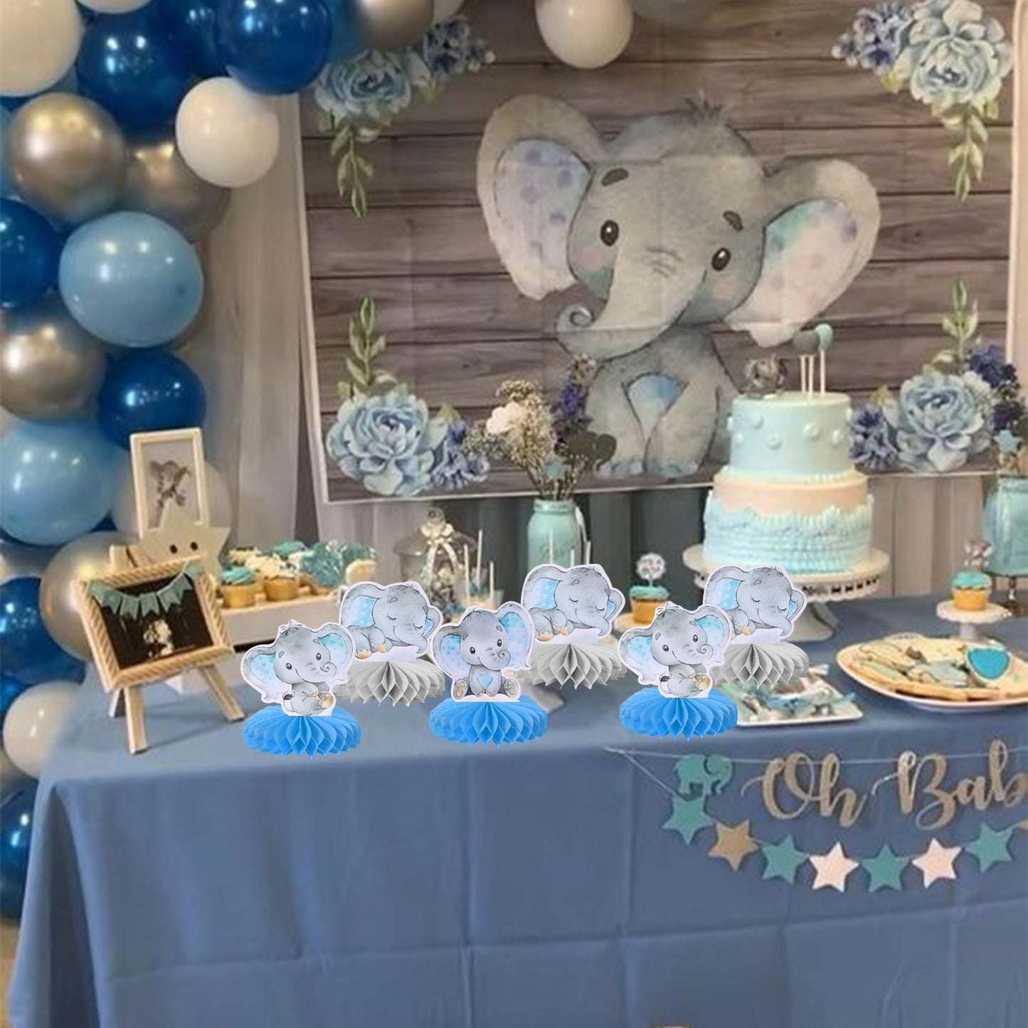 6 Pcs Blue Elephant Honeycomb Table Centerpiece It'S A Boy Baby Shower Table Toppers Centerpieces Decro For Elephant Theme Gender Reveal Baby Shower Birthday Party Table Decorations Supplies
