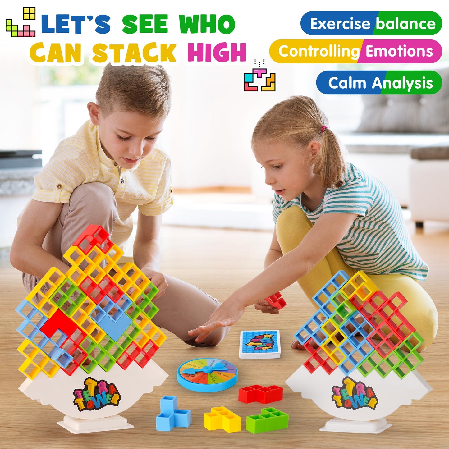 WOWNOVA Deluxe Tetra Tower Game - 64PCS Stacking Blocks for Family Fun, Includes Prize Wheel & Storage Box, Ideal for Kids & Adults