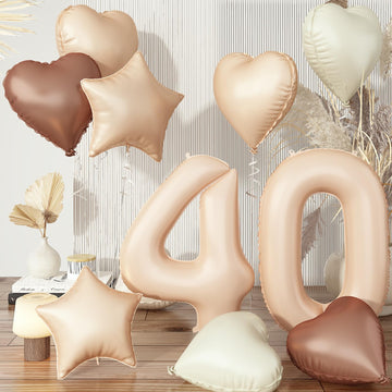 40Th Birthday Balloons Decor, Helium Apricot Beige 40 Balloon, Neutral Brown Tan White Sand Cream Heart Balloon Foil Nude Taupe