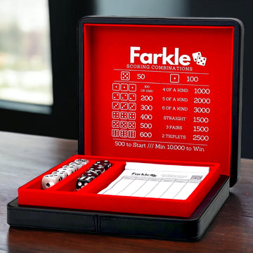 Luck Lab Farkle Dice Tray And Storage Case - Includes Embedded Scoring Combinations, 2 Sets Of 6 Pearl Dice, 40 Sheet Score Pad And Pen Holder For The Classic Family Game (Red)