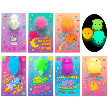 Joyin 28 Pack Gift Cards With Cute Kawaii Mochi Squishy Toy To Squeeze Glow In The Dark Stress Relief Fidget Toy For Kids, Classroom Exchange Prizes Valentine Party Favor