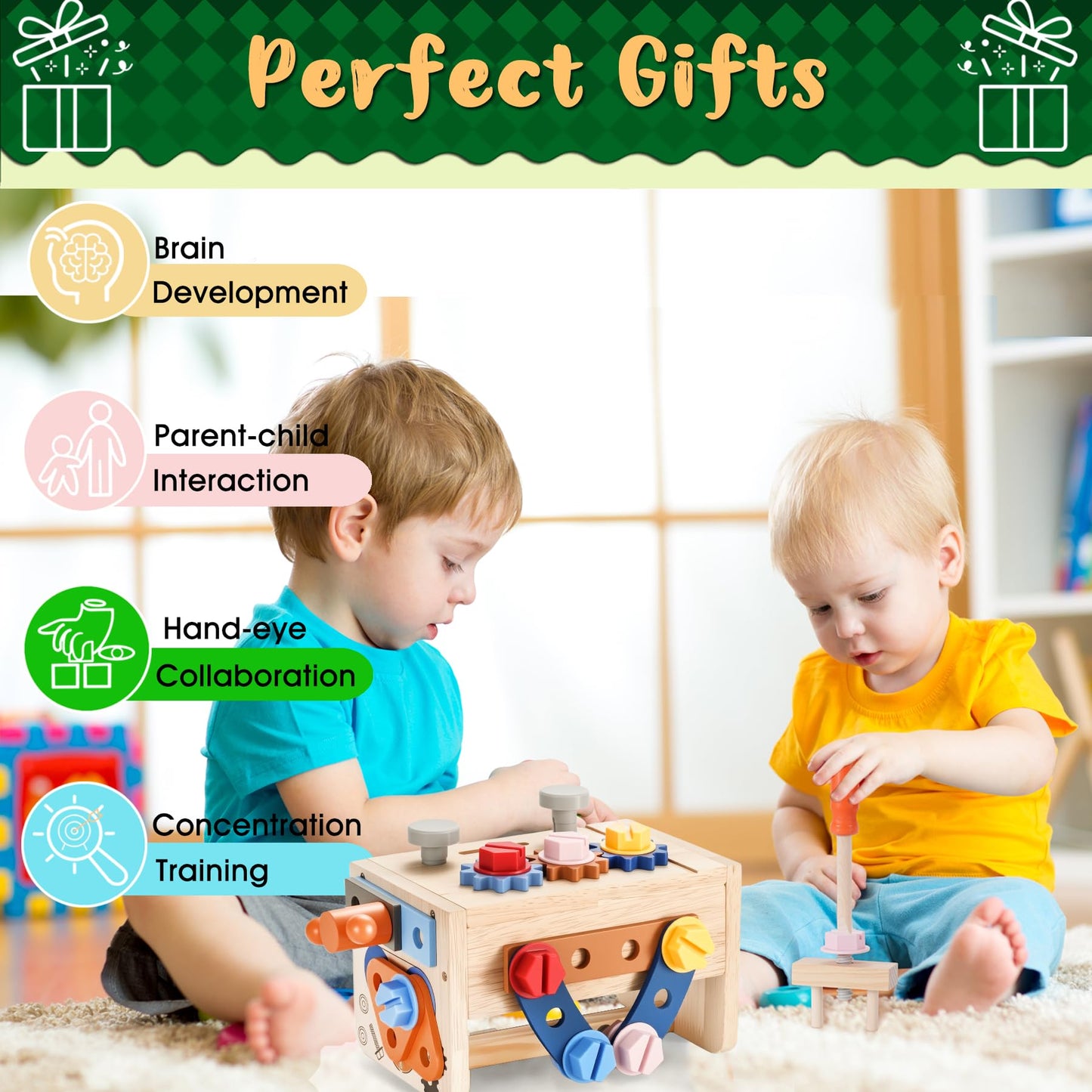 Rexbeti Kids Tool Set, 43Pcs Wooden Toddler Tool Bench With Electric Drill, Apron And A Pack Stickers(50Pcs), Montessori Constru
