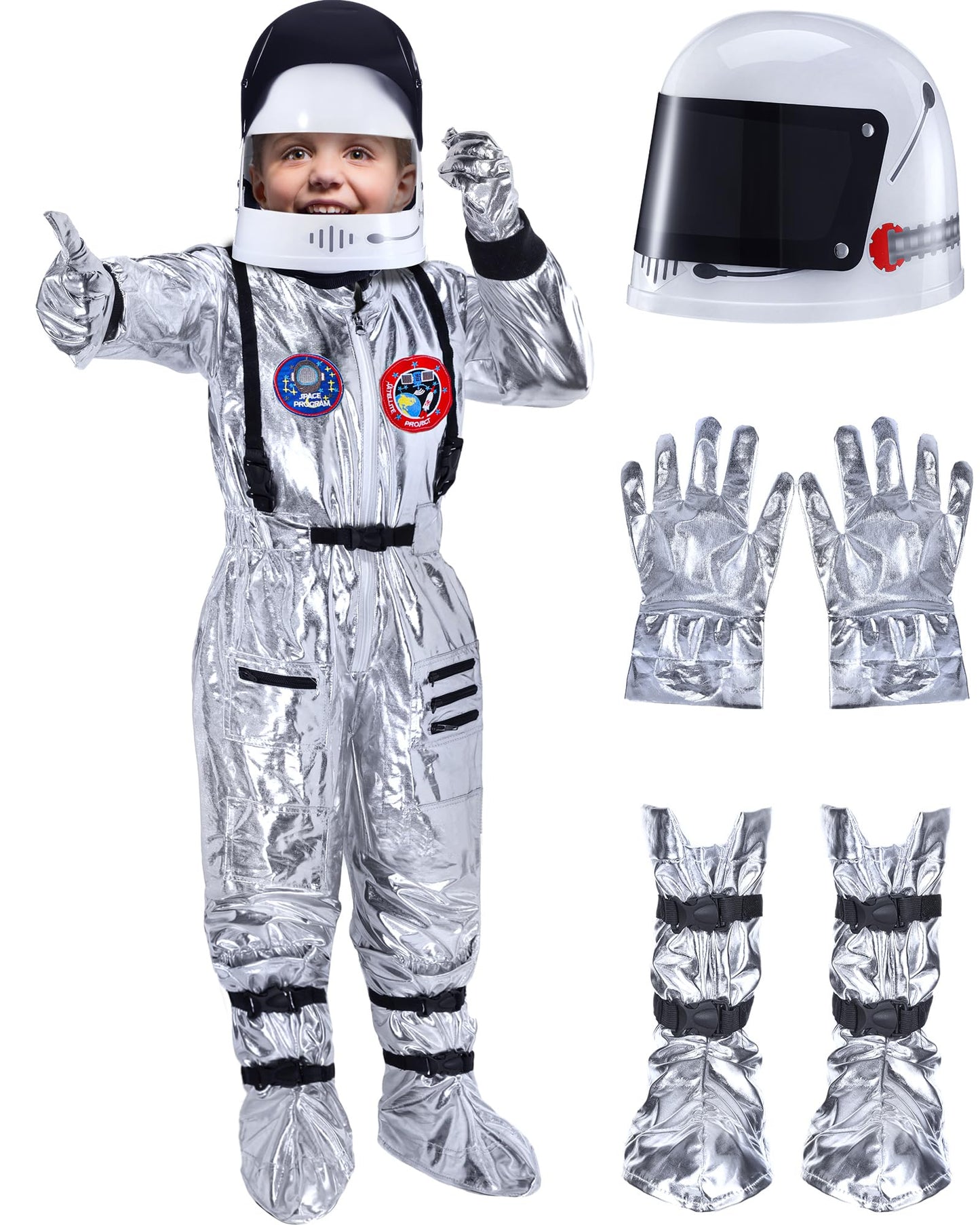 Cuffbow 4 Pcs Astronaut Costume Kids For Halloween, Space Helmet Jumpsuit Gloves Shoe Covers Set For Child Teen Boys (Silver,3-4