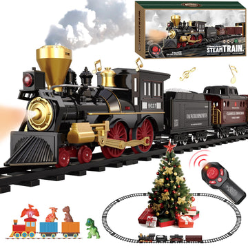 Remote Control Train Set for Kids Electric Steam Engine Locomotive, Cargo Car & Tracks,Trains w/Realistic Smoke,Sounds & Lights,
