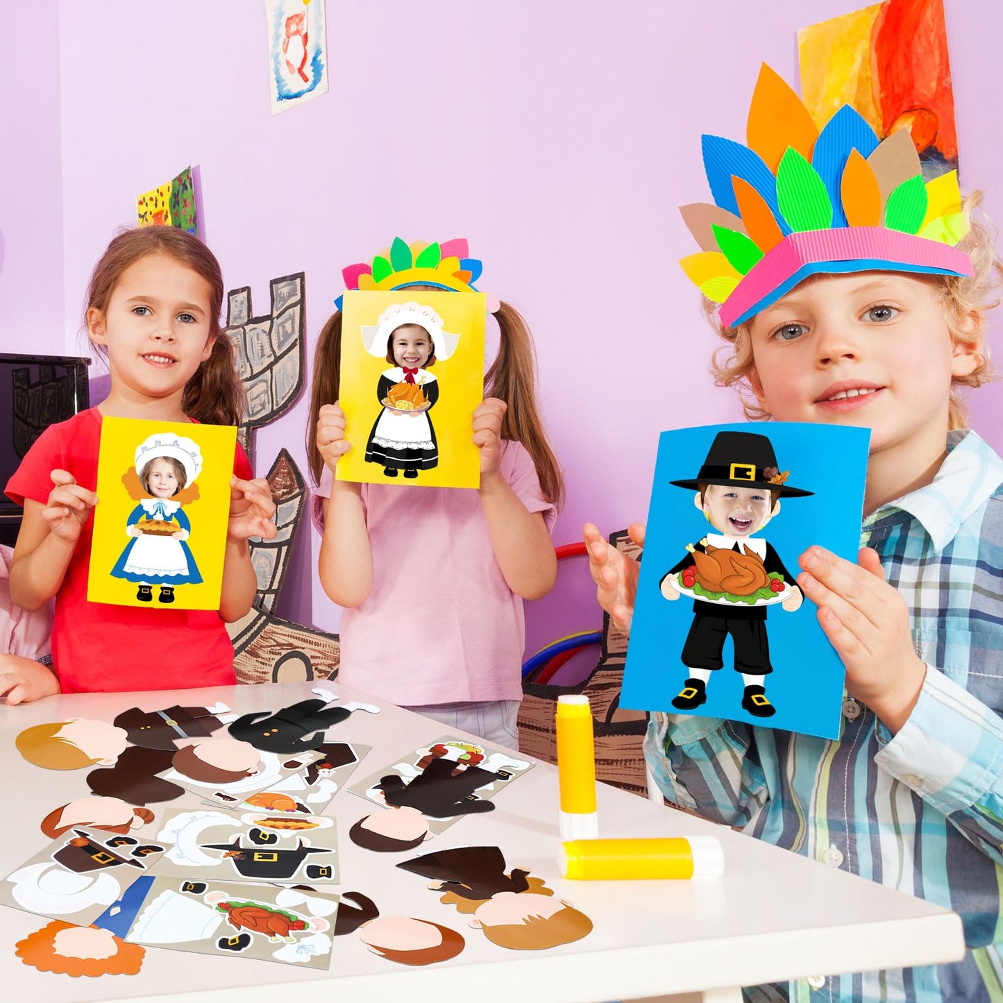 Qunclay 48 Sets Thanksgiving Pilgrim Boy and Girl Picture Frame Crafts Thanksgiving DIY Picture Frame Craft Kits Make Your Own P