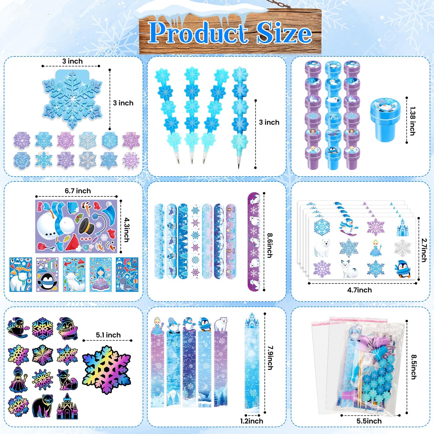 BenLouis 216Pcs Frozen School Stationery Party Favors Winter Snowflake Themed Classroom Gift Reward Prizes Bulk for Students Kid