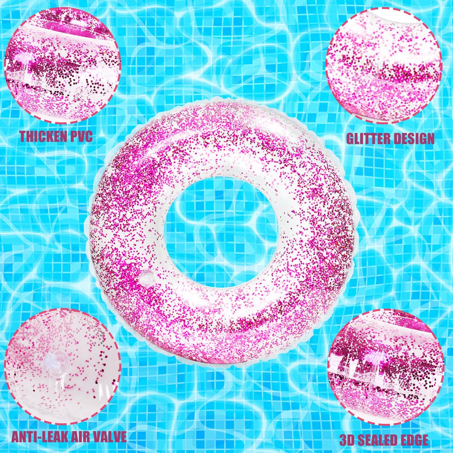 Whaline 4Pcs Inflatable Pool Floats Toys Clear Swim Tubes Rings Glitter Hot Pink Pool Tube For Teen Boys Girls Outdoor Summer Sw