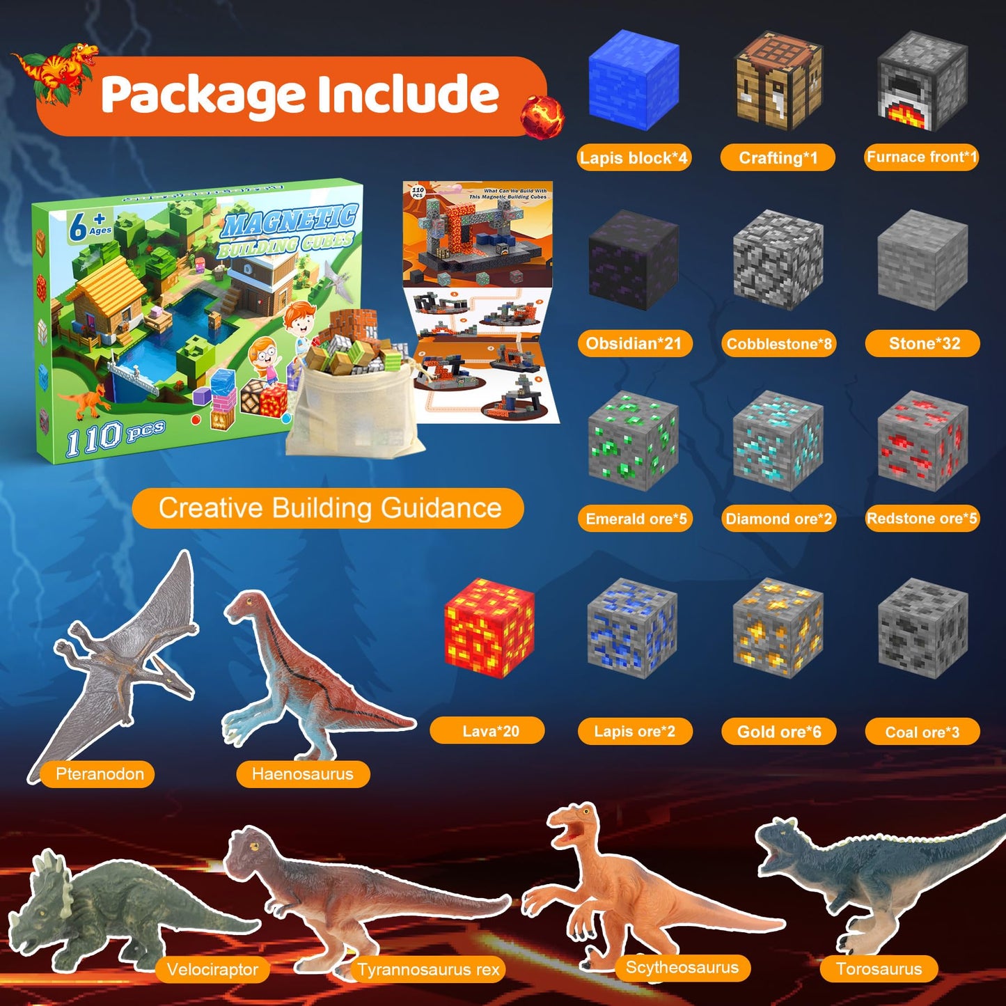 Dulsaera Magnetic Blocks 110Pcs With 6 Animal Toys, Volcano Building Blocks Set, Toys For Boys & Girls Age 6-8, Stacking Buildin