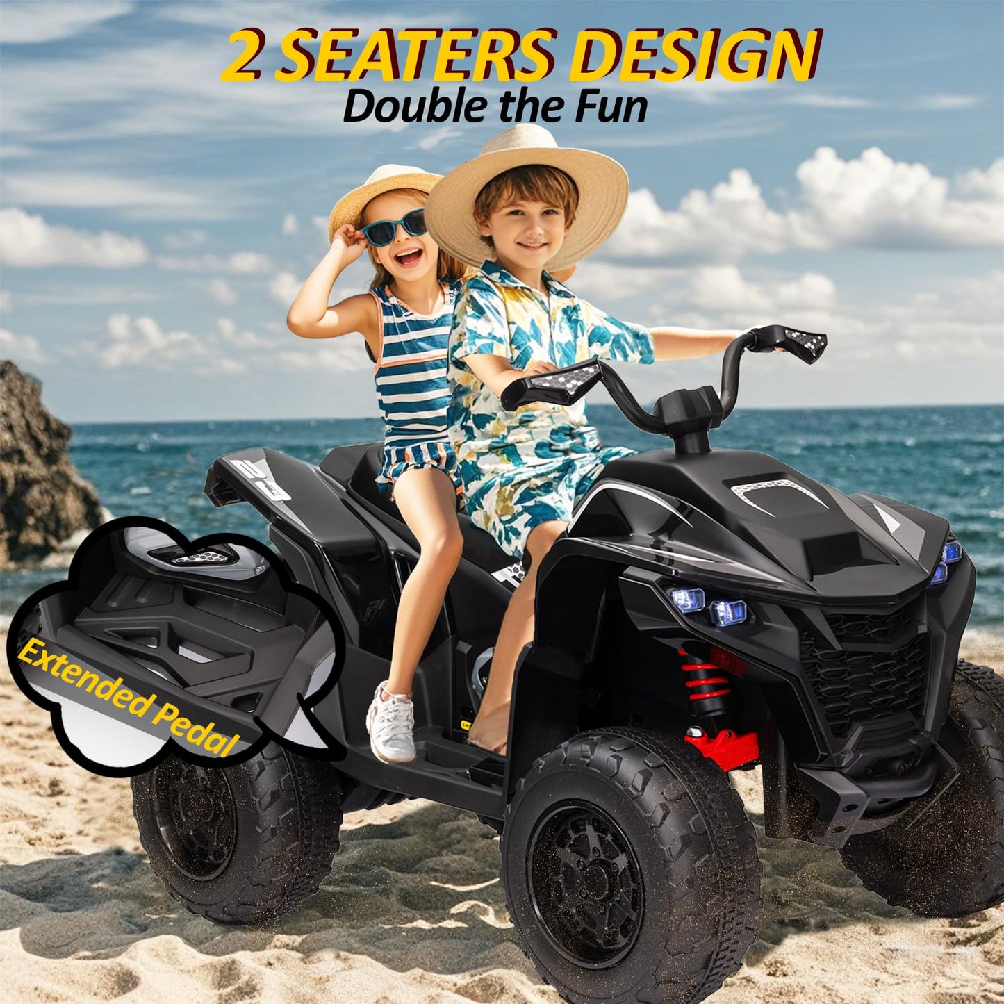 Kids Atv 4 Wheeler, 24V 2 Seater Electric Atv Quad W/4Wd Motor, Protective Gear Set, Bluetooth, Led Lights, Spring Suspension, B