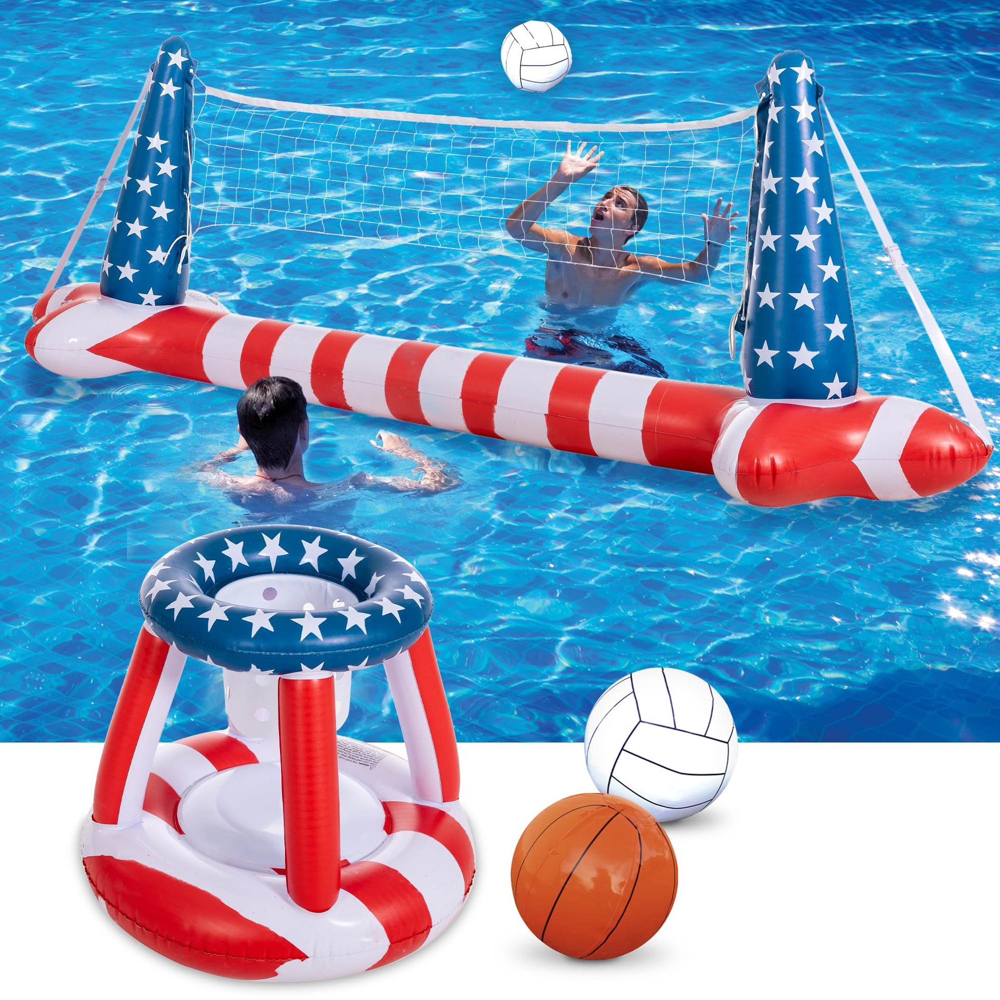 Inflatable Pool Floats Set American Flag Volleyball Net & Basketball Hoops, Swimming Pool Game Toy For Kids And Adults, Floating, Volleyball Court (105”X28”X35”)|Basketball (27”X23”X27”), Red White