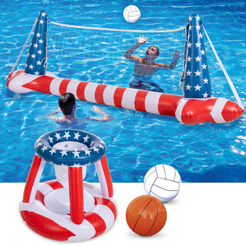 Inflatable Pool Floats Set American Flag Volleyball Net & Basketball Hoops, Swimming Pool Game Toy For Kids And Adults, Floating, Volleyball Court (105”X28”X35”)|Basketball (27”X23”X27”), Red White