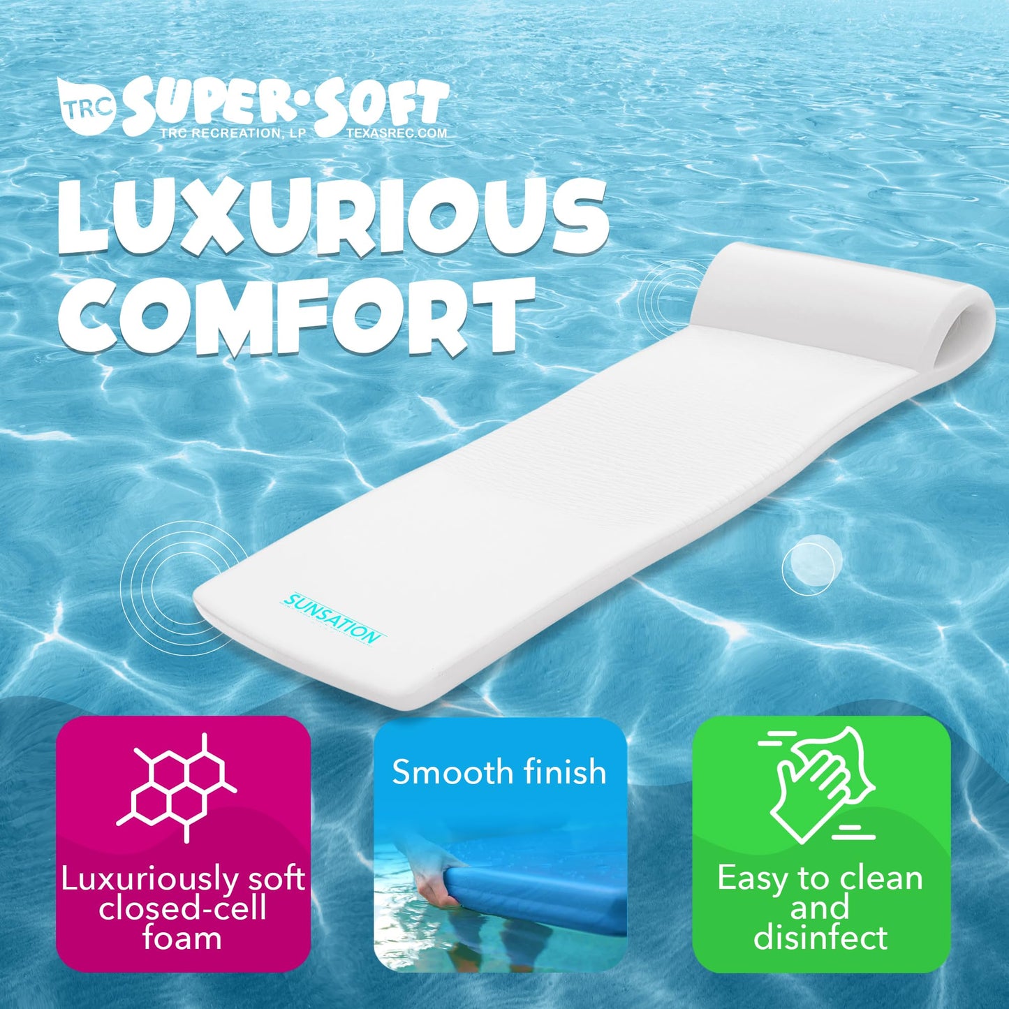 TRC Recreation Sunsation 1.75  Thick Vinyl Coated Foam Swimming Pool Float Mat mature-themed Lounger with Built-In Roll Pillow  White