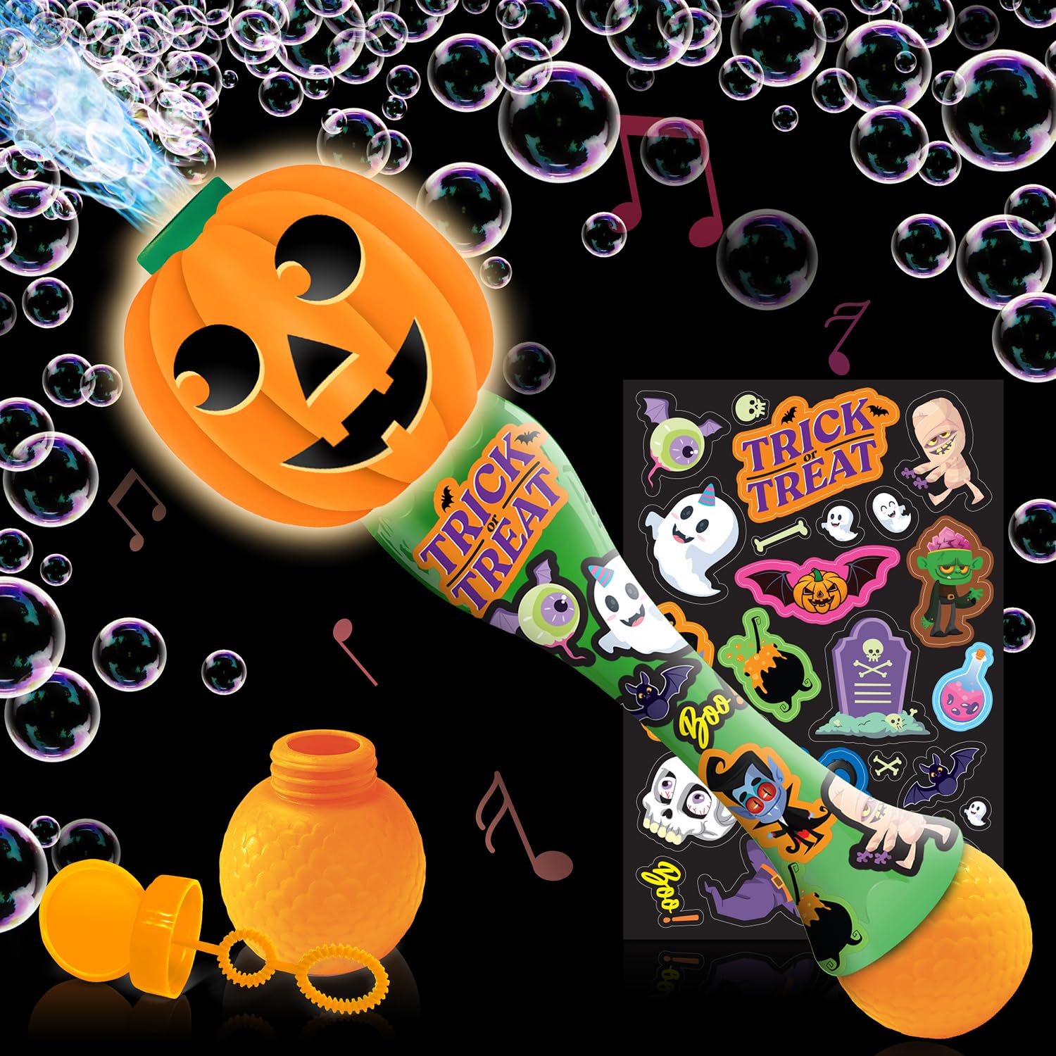 Artcreativity Halloween Bubble Wand For Kids, 14' Light Up Pumpkin Bubble Wand For Toddlers With Led & Halloween Music, Halloween Boo Basket Stuffers For Kids, Halloween Toys For Toddlers