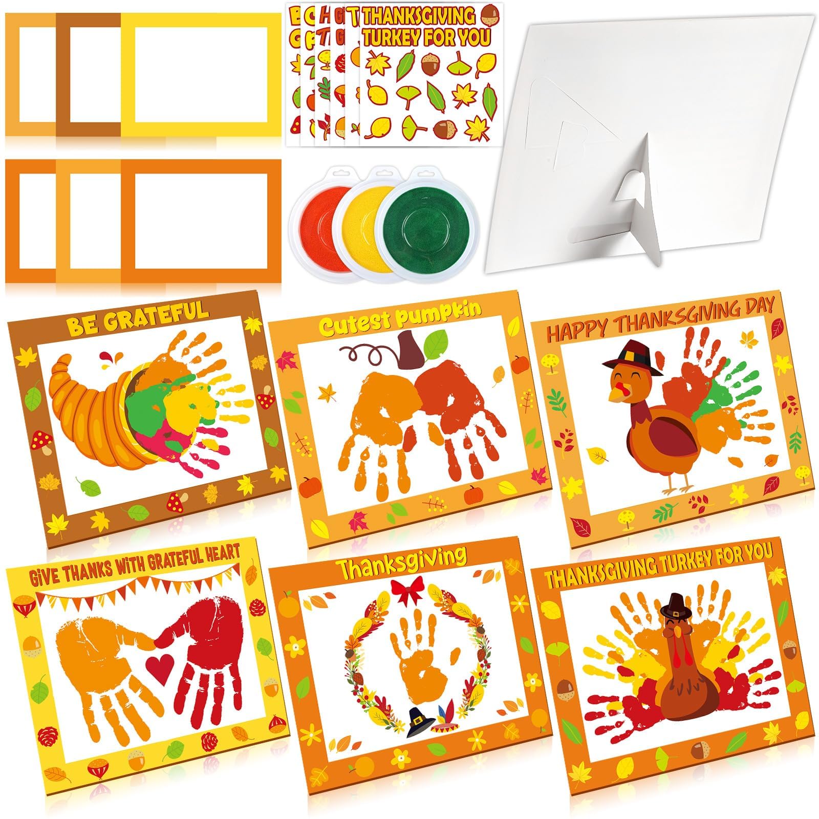 24 Sets Thanksgiving Handprint Crafts Kits for Kids DIY Thanksgiving Hand Keepsake Craft with 3 Large Ink Pads Fall Palm Paintin