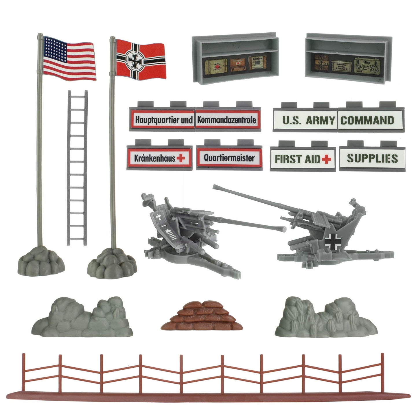 BMC Toys WW2 Secret Stronghold Playset - 36pc Plastic Army Men, Medium, Od Green/Gray/Brown/Black, Model 67009