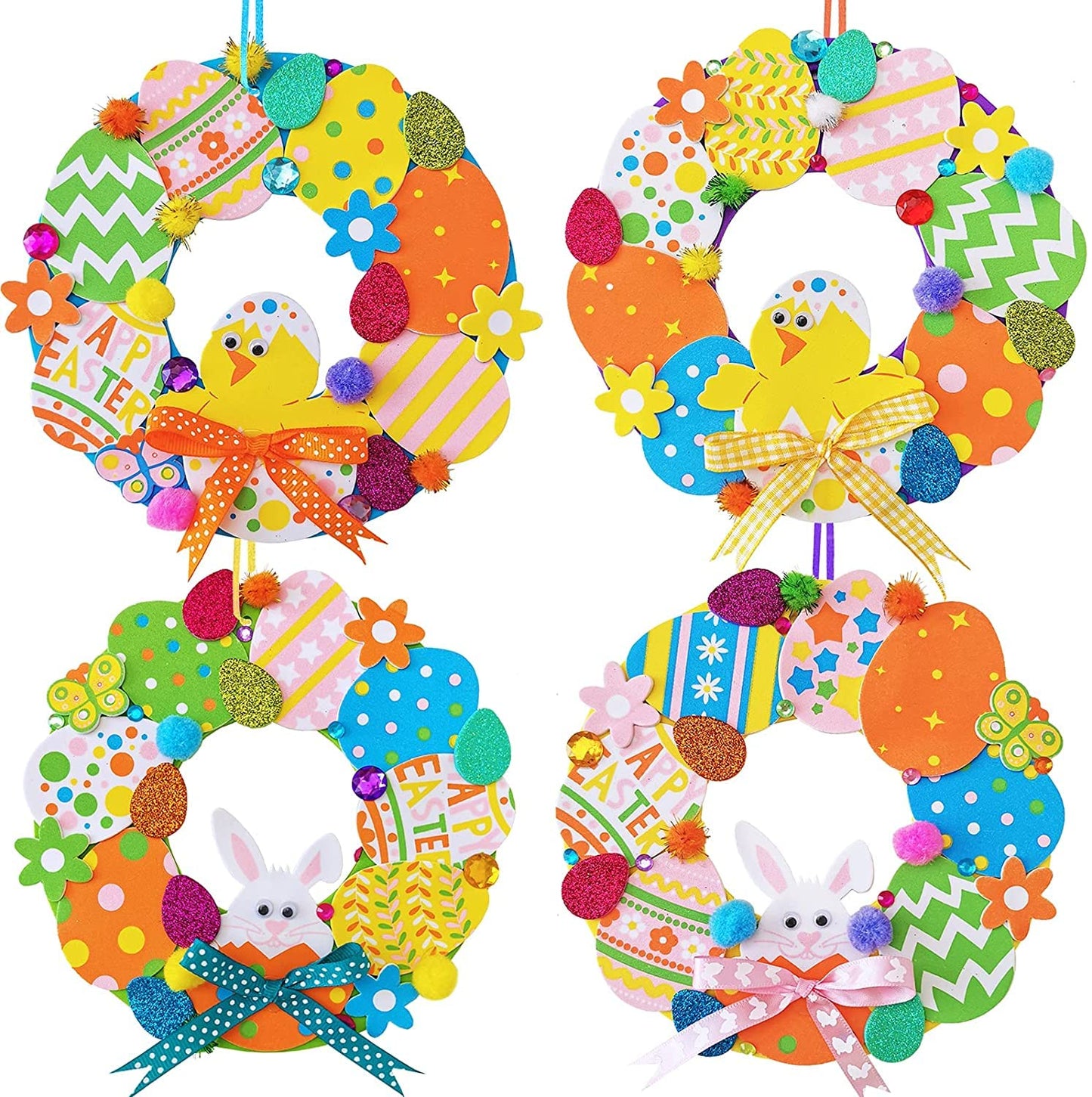 12 Sets Easter Wreath Signs Decorations DIY Foam Easter Craft Kits Easter Eggs Bunny Chick Foam Stickers Pom-Poms Googly Eyes fo