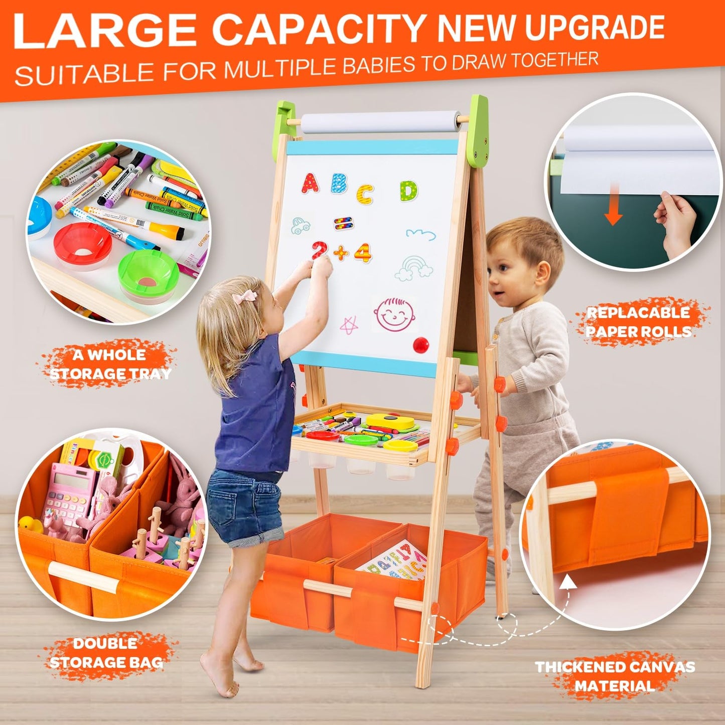 Kids Easel Including 100+ Accessories, Rundad Double Sided Wooden Easel for Kids Age 3-8 with Magnetic Chalkboard & Painting Boa